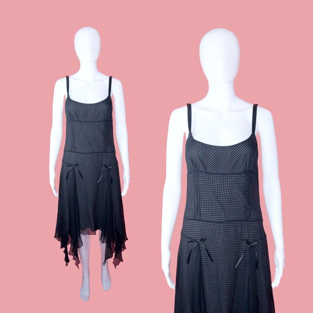 Y2K LAUNDRY SHELLI SEGAL Polka Dot Ribbon Silk Asymmetrical Slip Dress. S-M